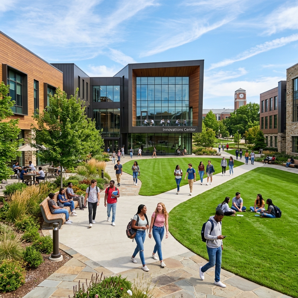 Modern college campus courtyard